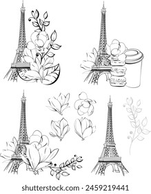 Vector set illustration of Eiffel Tower and flower. Magnolia springtime romantic in Paris for poster, greeting card, print with hand drawn. France famous symbol. Black silhouette for circuit