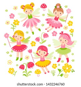 Vector set illustration with fairies and flowers. Cute girls with wings magic wand.