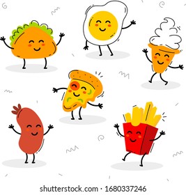 Vector set of illustration of fast food character. Happy french fries, egg, pizza, sausage and ice cream together on white background. Flat line art style design for web, site, banner, print