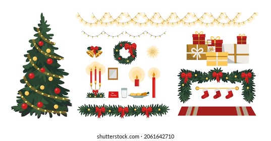 Vector set of illustration in flat stile: Christmas tree, wreath, cookies for Santa, carrot for deer, candles, gift, fir garland, bows, bells, socks, gifts, light, carpet, star. Scrapbook collection.