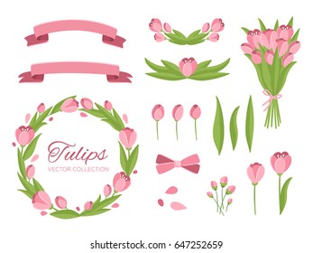 Vector set illustration. Flowers crown, botany, leaves, tulips, floral, bouquet. The perfect design for greeting card, packaging, wedding card, kitchen decor, cosmetics, natural, organic products