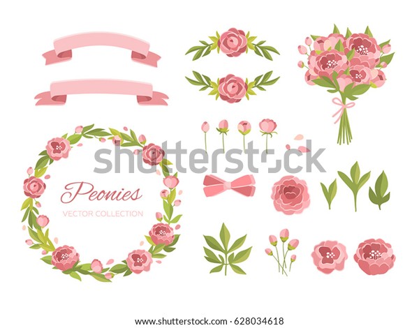 ベクター画像セットイラスト 花冠 植物 葉 牡丹 花 ブーケ グリーティングカード パッケージ ウエディングカード キッチンデコール 化粧品 自然 有機製品に最適なデザイン のベクター画像素材 ロイヤリティ フリー