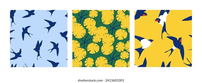 Vector set illustration with flying swallows and yellow flowers dandelions. Seamless pattern with birds martin birds and dandelions