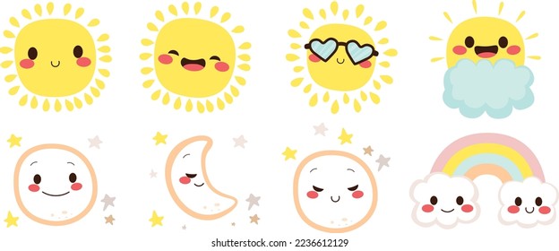 Vector set illustration of funny sun moon and rainbow icon symbols. Weather element design