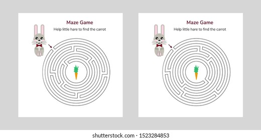 vector set illustration. game for children. circular maze or labyrinth for kids. cartoon cute hare and carrot.