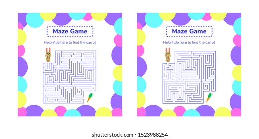 vector set illustration. game for preschool children. square maze or labyrinth for kids. cartoon cute hare and carrot.