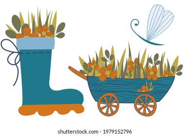 Vector set of illustration with gardening tools and wheelbarrow with flowers isolated on white background. Set of flowers and garden