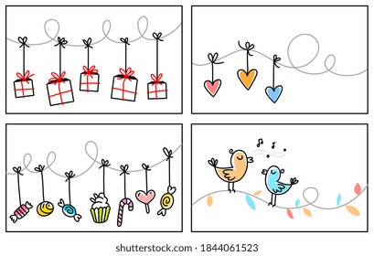Conjunto vectorial de ilustración de garland con diferentes objetos sobre fondo blanco