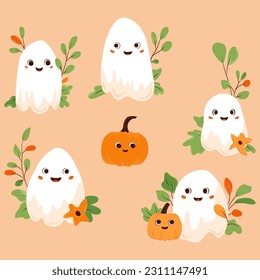 Vector set illustration of ghosts and pumpkins. Cute kawaii ghost with plants blue and pumpkin decorated plants for Halloween holiday wrap. 