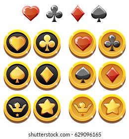 Vector set illustration of gold icons and coins of playings cards, isolated on the white background. Series of Gaming and Gambling Illustrations