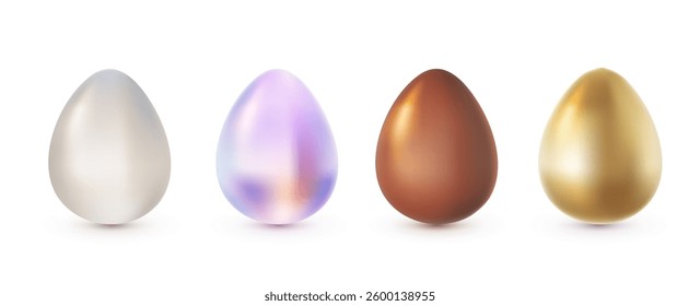 Vector set of illustration of golden, neon and chocolate egg isolated on white background. 3d cartoon style design of realistic shine different color egg for holiday easter hunt greeting card, banner