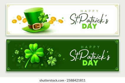 Vector set of illustration with green clover, leprechaun hat and golden coin with happy saint patricks day word on color background. 3d style design with hat, gold and clover for st patrick day banner