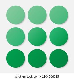 Vector set of illustration of green paper circle notes. Empty label round sticker, tag. Blank templates of a price tags. Mockup for your business presentation. Abstract background, banner, card.