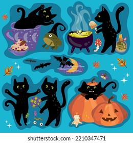 Vector set of illustration for halloween celebration with pumpkins, black cats, bats, mystical things. Background for fabric, wallpaper, design. Children's illustration.