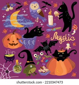 Vector set of illustration for halloween celebration with pumpkins, black cats, bats, mystical things. Background for fabric, wallpaper, design. Children's illustration.
