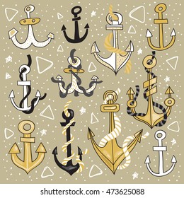 Vector set illustration with hand drawn anchors. Good for summer cards and invitations.