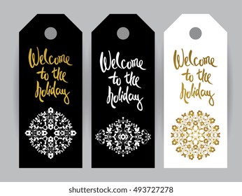 Vector set illustration with hand-drawn lettering on texture background. Welcome inscription for invitation and greeting card, posters. Vector decorative  lace frame.