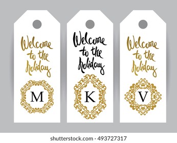 Vector set illustration with hand-drawn lettering on texture background. Welcome inscription for invitation and greeting card, posters. Vector decorative  lace frame.