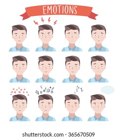 Vector set illustration of handsome man emotions portraits. States of mind