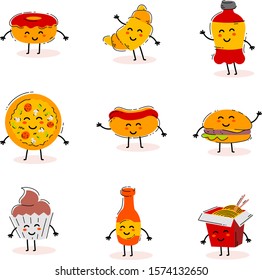 Vector set of illustration of happy american fast food character on white background. Line art style color design of fast food for web, site, banner, sticker, print