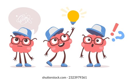 Conjunto vectorial de la ilustración del personaje cerebral feliz en una posición diferente sobre el fondo de color blanco. Diseño de estilo plano del personaje de un niño de reflexión en gafas y gorra con bombilla, burbuja de habla, idea
