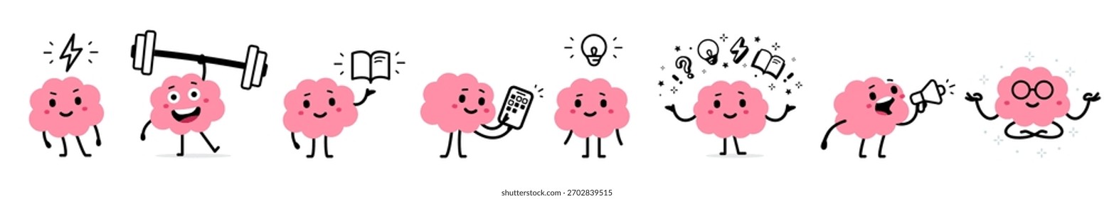 Conjunto vetorial de ilustração de um personagem feliz cor-de-rosa-cérebro com um objeto diferente no fundo de cor branca. Design de estilo de doodle plano da coleção de cérebro forte e saudável do sorriso para o banner