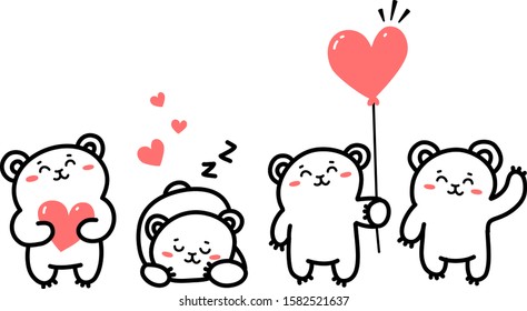 Vector set of illustration of happy cute bear with heart in different pose on white background. Line art style design of bear for web, site, valentine day banner, greeting card