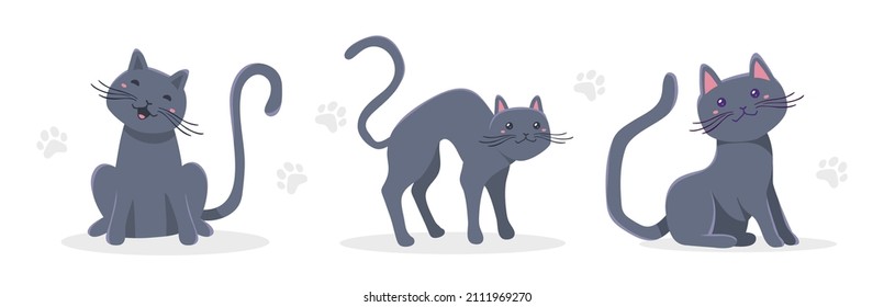 Vector set of illustration of happy cute gray cat character on white color background in different pose. Flat style design of animal cat for web, site, banner, poster, child card