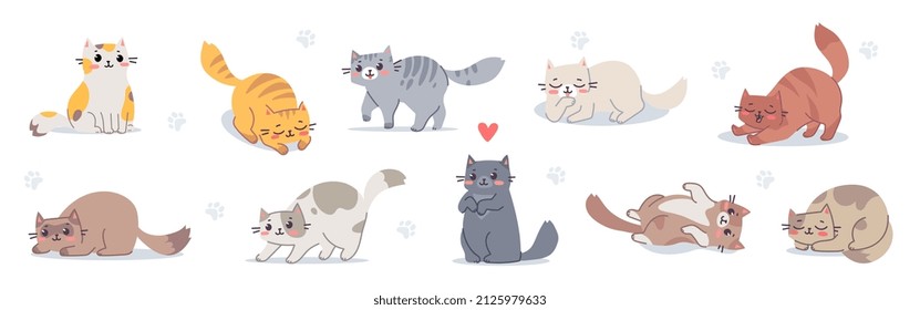 Vector set of illustration of happy cute different cat character on white color background. Flat line art style design of group of animal cat in different pose for web, greeting card, banner, sticker