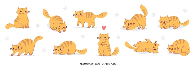 Vector set of illustration with happy cute red cat character on white color background. Flat line art style design of group of animal cat in different pose for web, greeting card, banner, sticker