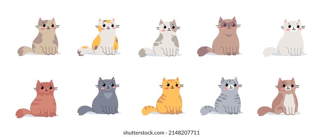 Conjunto de ilustraciones vectoriales con un lindo y feliz personaje de gato diferente sobre fondo de color blanco. Diseño de estilo de arte de línea plana de grupo de gato animal sentado para web, tarjeta de saludo, banner, pegatina