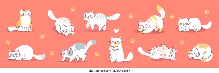 Vector set of illustration with happy cute white cat character on red color background. Flat line art style design of group of animal cat in different pose for web, greeting card, banner, sticker
