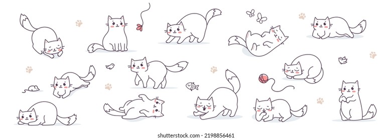 Vector set of illustration with happy cute different cat character on white color background. Flat line art style design of group of animal cat in different pose for web, card, banner, sticker