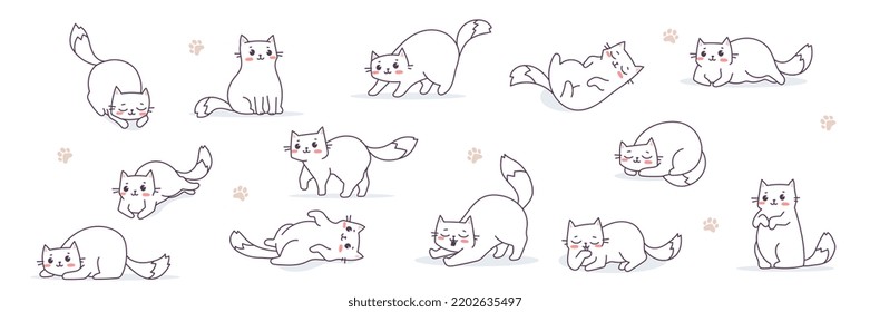 Conjunto de ilustraciones vectoriales con alegre tierno personaje de gato diferente sobre fondo de color blanco con huella de pata. Diseño de estilo de arte de línea plana de grupo de gato animal en una pose diferente para la web, tarjeta de saludo