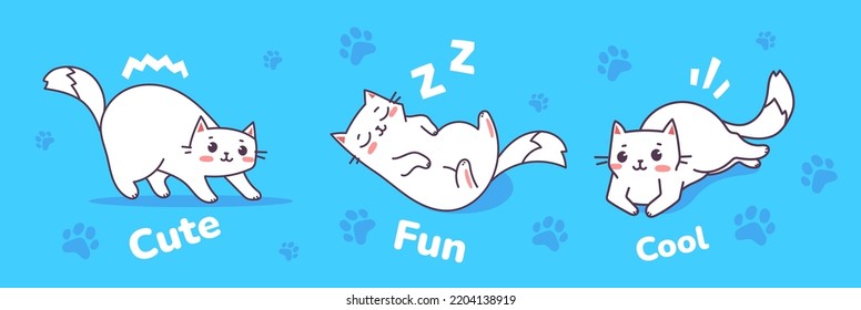 Vector set of illustration of happy cute cat character in different pose with word on blue color background. Flat line art style design of animal cat for web, site, banner, poster, child card