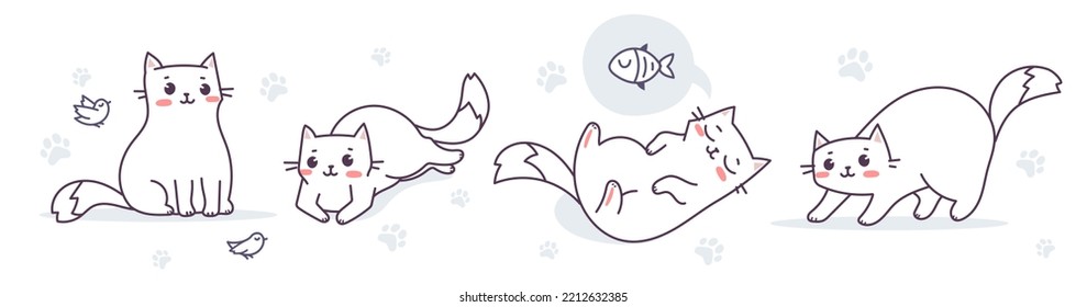 Vector set of illustration of happy cute cat character in different pose on white color background. Flat line art style design of animal cat for web, site, banner, poster, child card