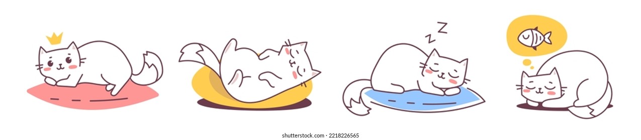 Vector set of illustration of happy cute cat character in different sleeping pose on pillow with fish on color background. Flat line art style design of animal cat for web, site, banner, poster, card