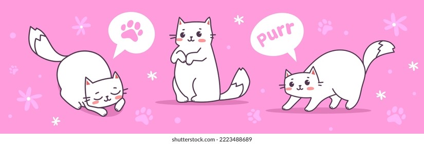 Vector set of illustration of happy cute cat character in different pose with speech bubble on pink color background. Flat line art style design of animal cat for web, site, banner, poster, child card