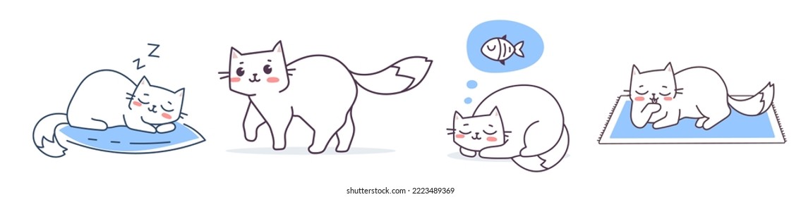 Conjunto de vectores de la ilustración de felino lindo feliz en una pose diferente para dormir con peces de fondo blanco. Diseño de estilo de arte de línea plana de gato animal para web, sitio, banner, afiche, tarjeta