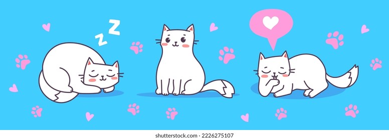 Vector set of illustration of happy cute cat character with paw print on blue color background. Flat line art style design of animal cat in different pose for web, site, banner, poster, child card