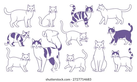 Vektorgrafik mit fröhlich süßem, anderem Katzencharakter auf weißem Hintergrund. Flache Linie Kunststil Design der Gruppe von Tierkatzen in verschiedenen Pose.