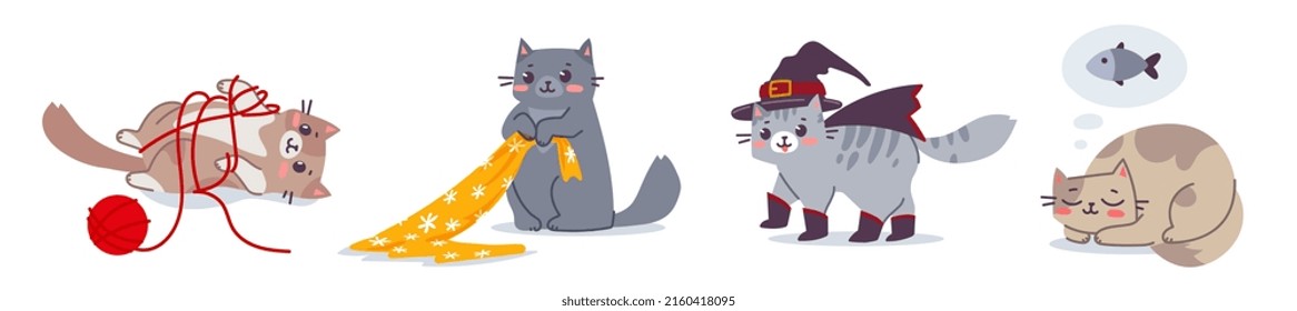 Vector set of illustration with happy different cat character on white background. Flat line art style design of group of animal cat with hat, ball of yarn and fish for web, greeting card, banner