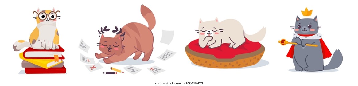 Conjunto vectorial de ilustración con un personaje de gato diferente feliz sobre fondo blanco. Diseño de estilo de arte de línea plana de grupo de gato animal con libro, corona, corona y canasta para web, tarjeta de saludo, banner