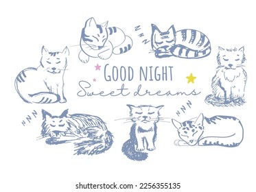 Vector set of illustration with happy different  sleeping cat character