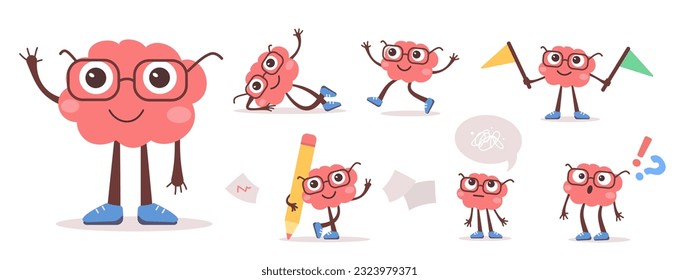 Vector set of illustration of happy kid character in different pose on white color background. Flat style design of think brain character in glasses with pencil, speech bubble, idea for web, banner