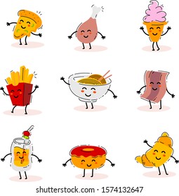 Vector set of illustration of happy tasty fast food character with hand on white background. Line art style color design of fast food for web, site, banner, sticker, print