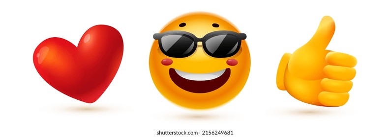 Vector set of illustration of happy yellow color smile emoticon in sunglasses and heart with thumb up on white background. 3d style design of fun laugh emoji for social media message