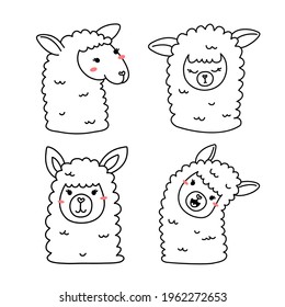 Conjunto vectorial de ilustración de la cabeza de la linda llama de arte de línea feliz sobre fondo de color blanco