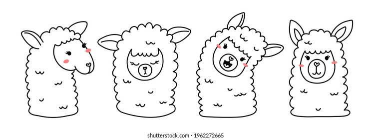 Vector set of illustration of head of cute happy line art llama on white color horizontal background