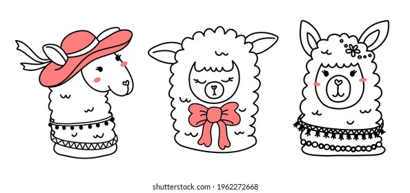 Vector set of illustration of head of cute happy line art llama with pink accessory on white color background